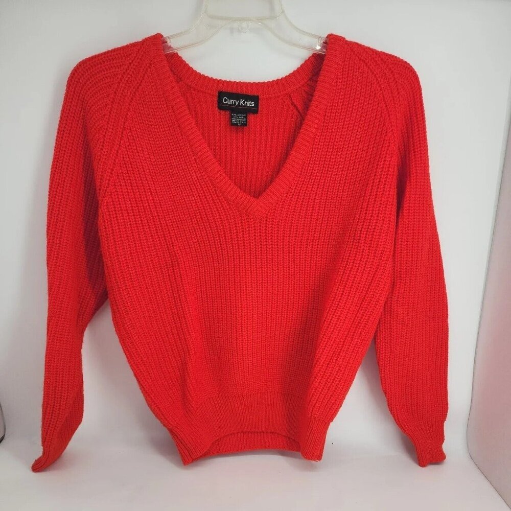 Curry Knits V-neck Cable Knit Bright Red Sweater Unisex  size M